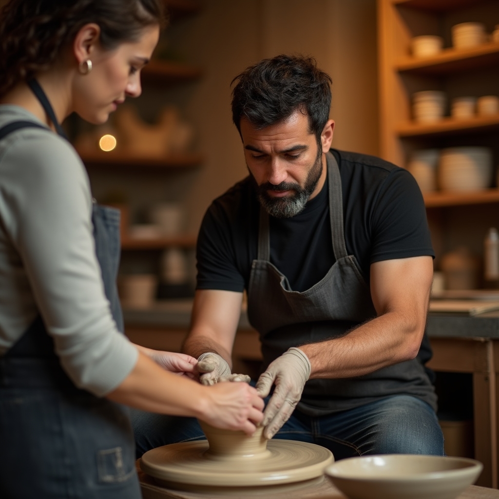Взрослый начинающий на занятии по гончарному делу