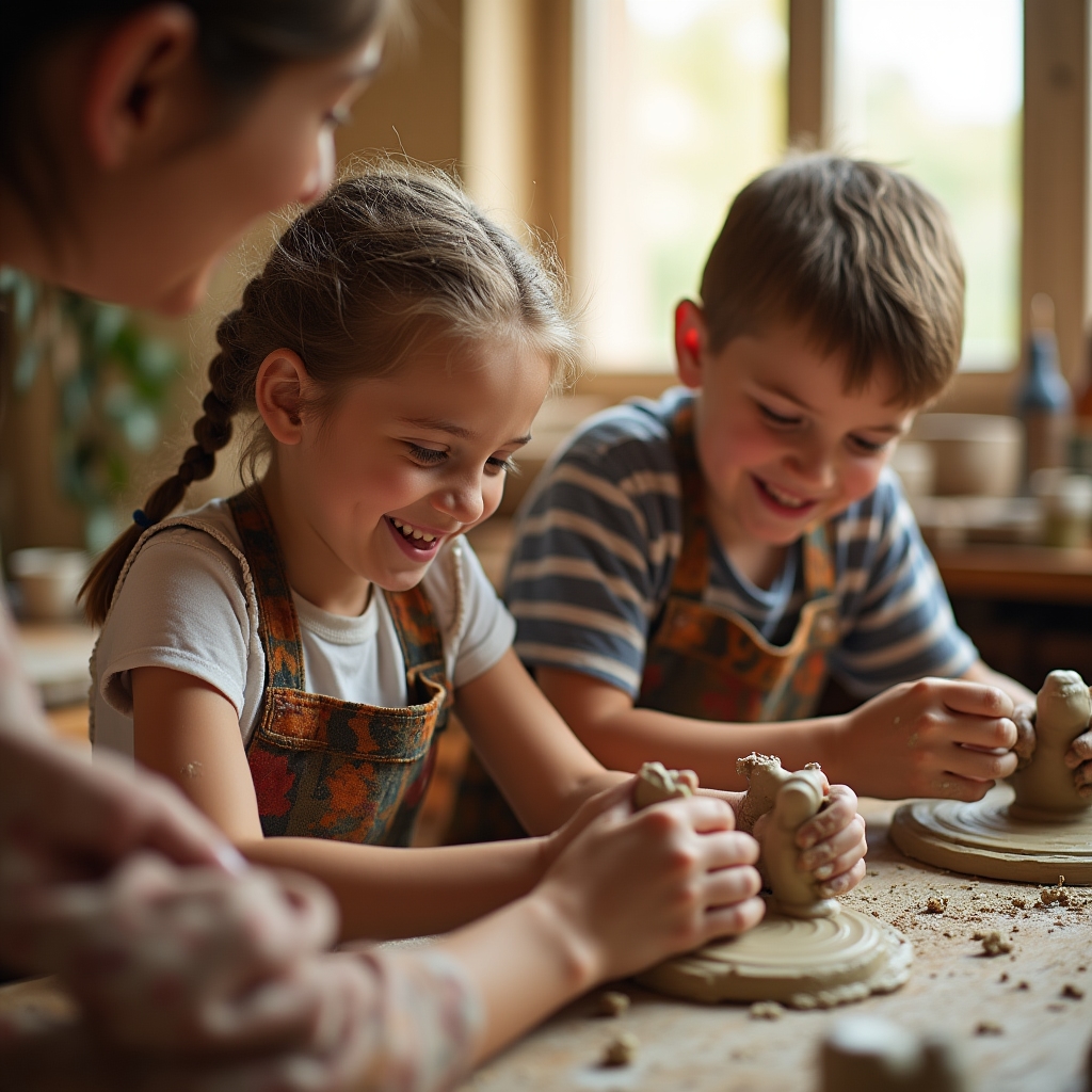 Дети лепят из глины на мастер-классе