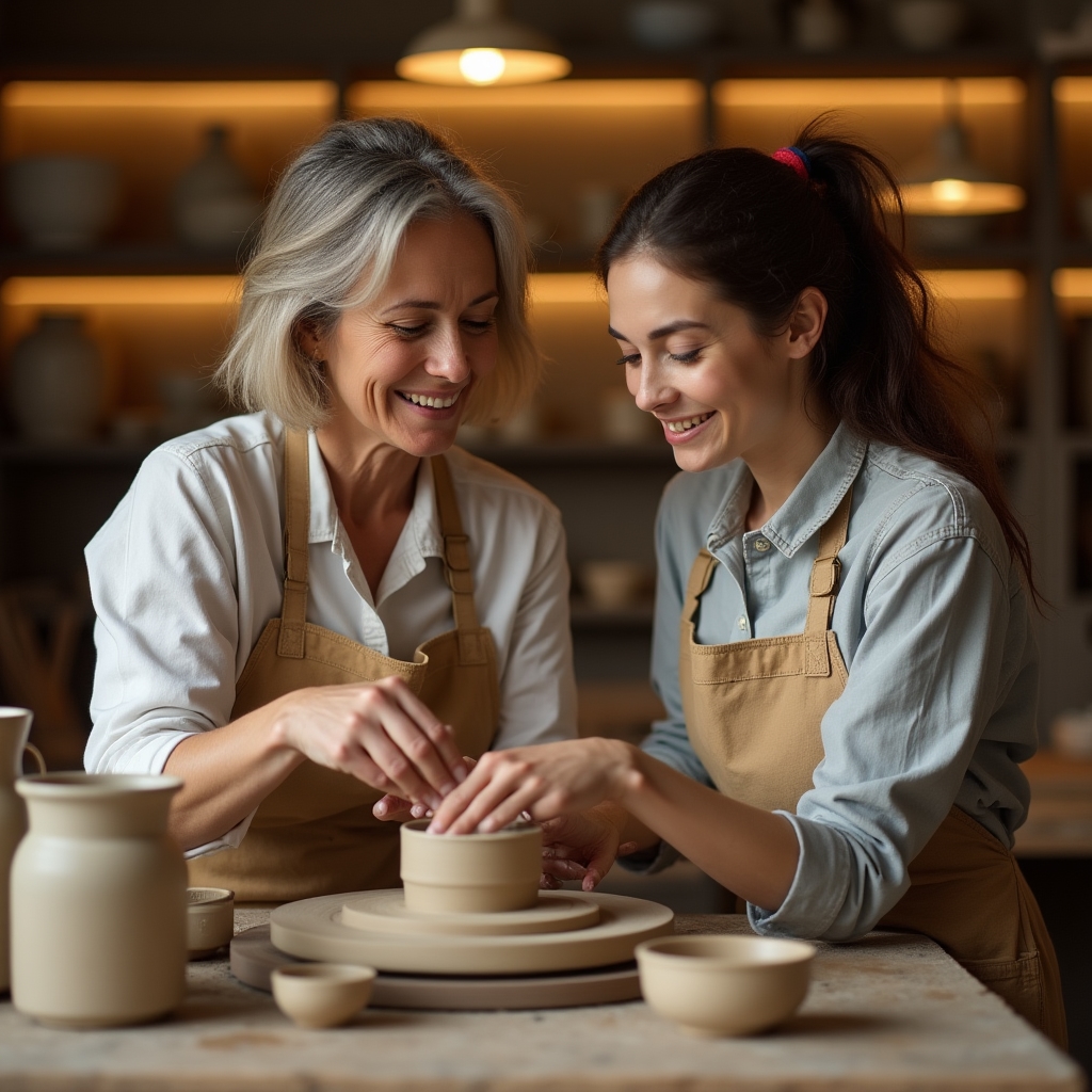 Мастер обучает студента технике гончарного дела